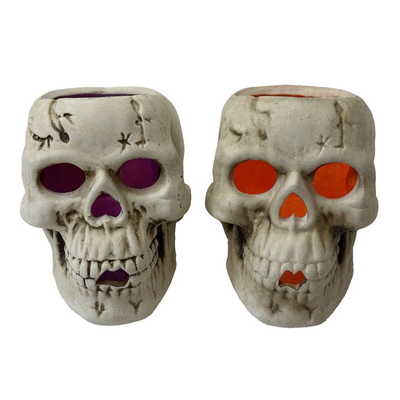 Skulls Ceramic Tea Candle Holders Set of 2 Orange/Purple Halloween Horror Goth - Picture 1 of 16